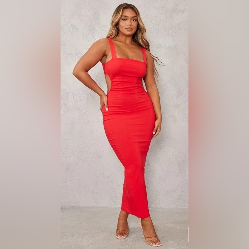 NWT PrettyLittleThing red strappy backless cutout midaxi dress UK18 US14